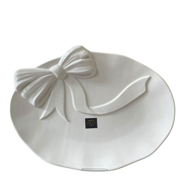 Handmade in Italy Embossed White Bow Ceramic Serving Platter 12x16 Oval NEW - Picture 11 of 16